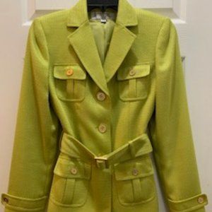 Chartreuse/Neon TAHARI Jacket Belted Size 2 - Shiny Woven Fabric
